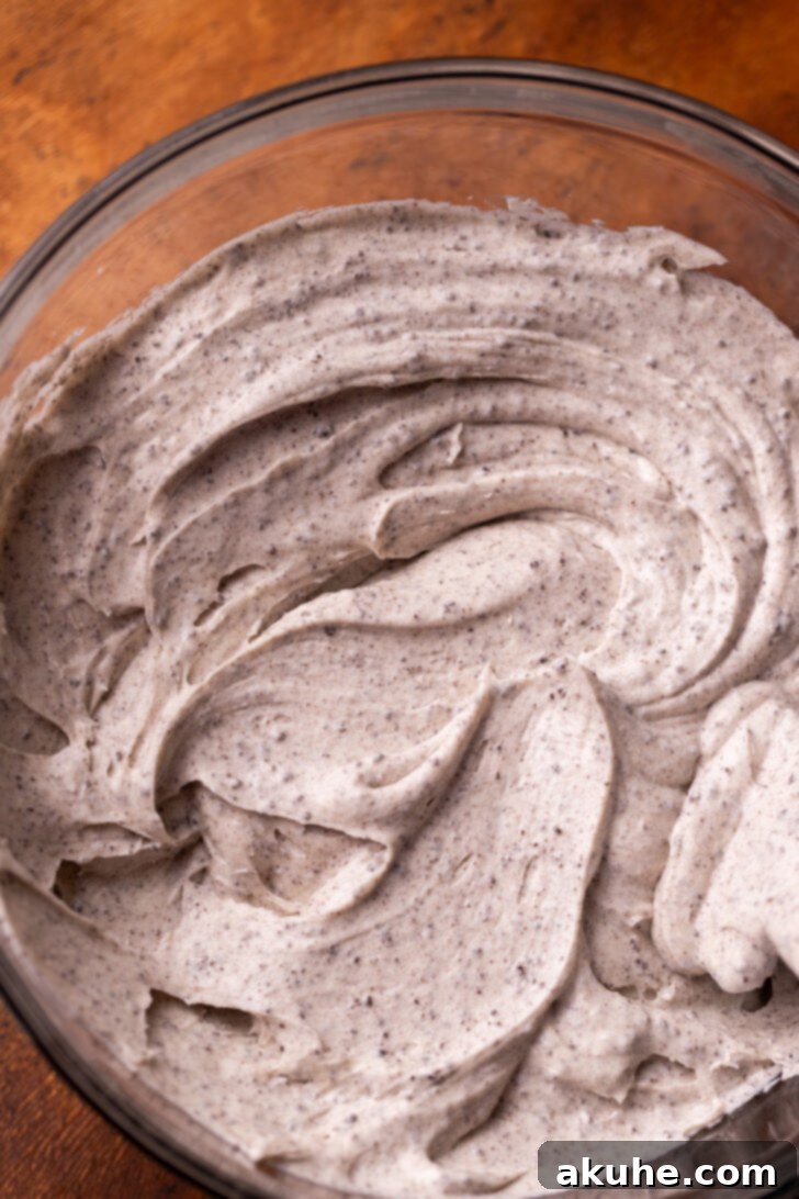 Oreo Cookie Cream 3 Top-down view of a bowl filled with freshly made Oreo frosting.