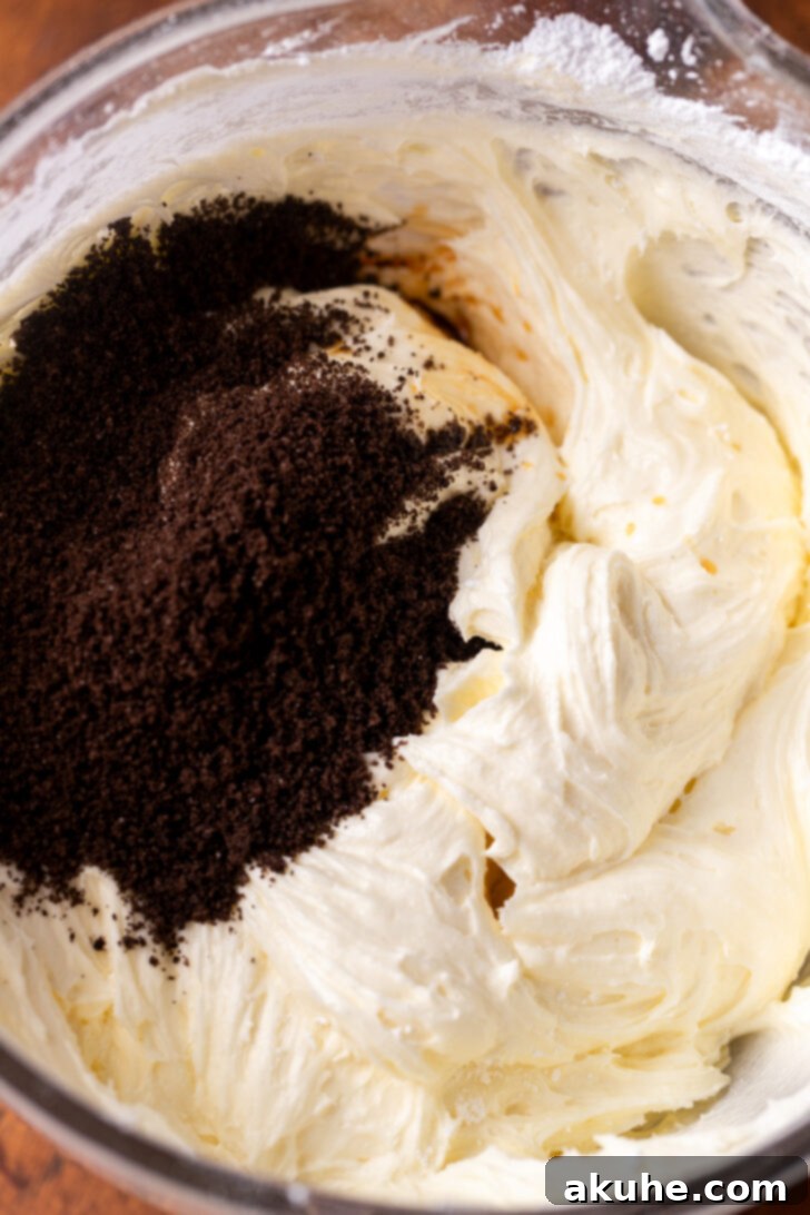 Oreo Cookie Cream 5 Finely ground Oreo crumbs ready to be mixed into the frosting.