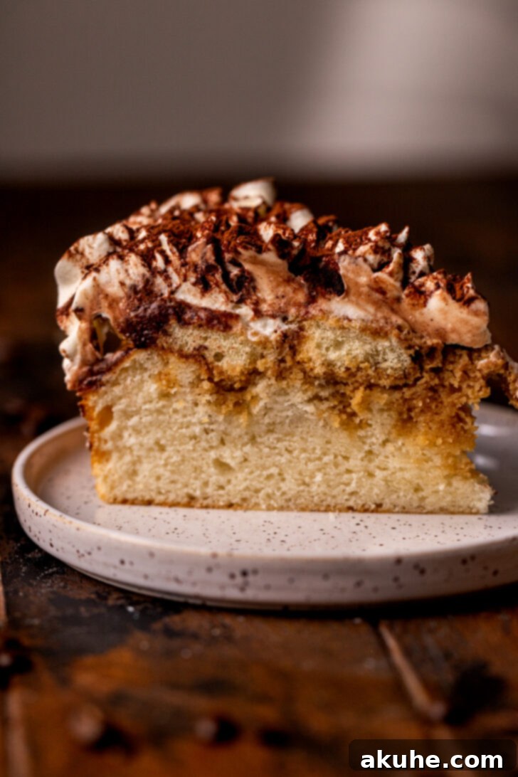 One slice of tiramisu cake on a plate, showcasing its layers.