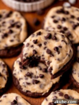 Cookie Dough Stuffed Cookies 12 Delicious cookie dough cookies with a bite taken out, showing the rich chocolate cookie and creamy edible cookie dough layers.