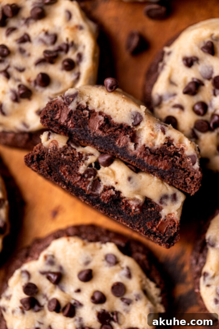 Cookie Dough Stuffed Cookies 10 One cookie split in half, revealing the perfect cross-section of the chewy chocolate cookie base and the thick layer of edible cookie dough.