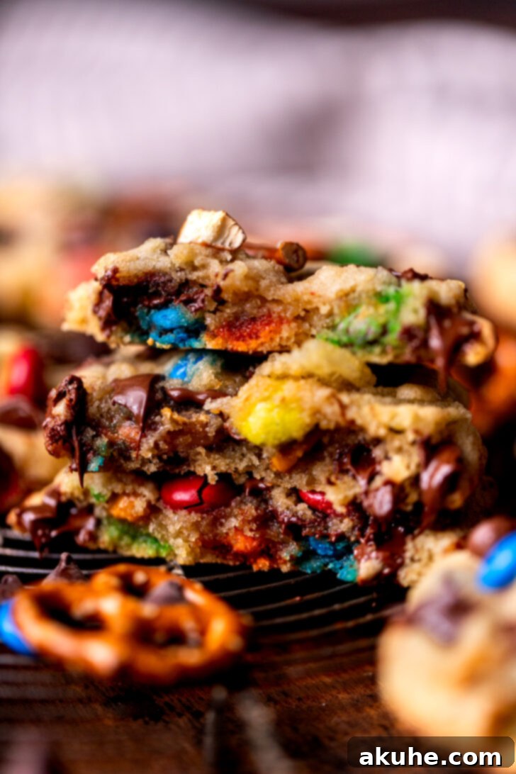 The Everything Cookie 9 A stack of three golden-brown Kitchen Sink Cookies, perfectly baked and ready to enjoy.