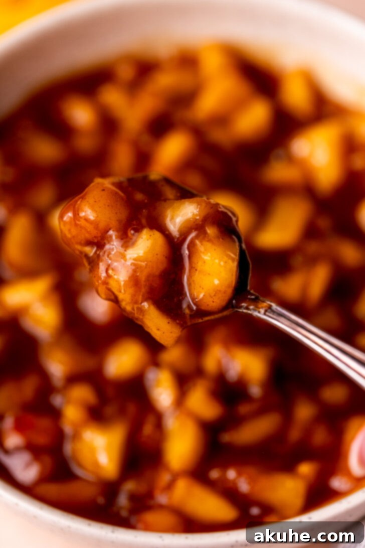 Classic Peach Pie Filling 3 A spoon diving into a bowl of freshly made peach pie filling.
