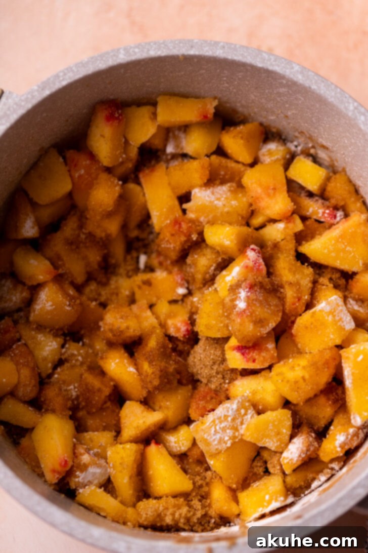 Classic Peach Pie Filling 5 Peaches and other ingredients mixed in a saucepan, before heating.