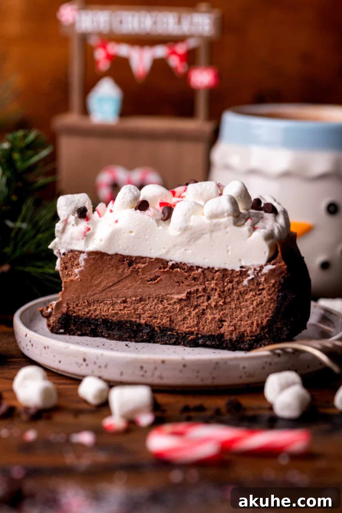 Decadent Hot Chocolate Cheesecake 2 A delectable slice of hot chocolate cheesecake, perfectly plated, revealing its creamy texture and chocolatey layers.