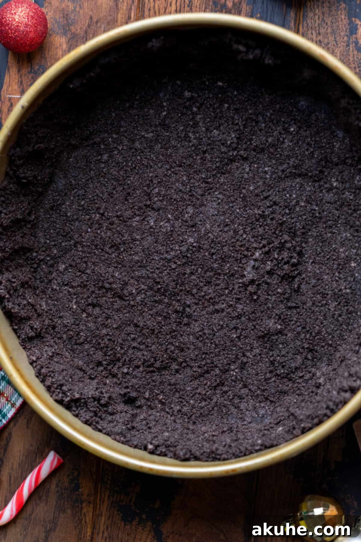 Decadent Hot Chocolate Cheesecake 4 Oreo crust perfectly pressed into a springform pan, ready for the filling.