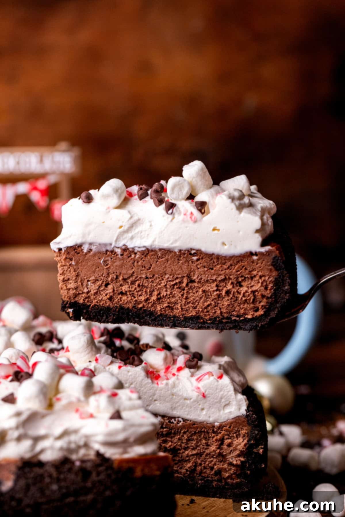 Decadent Hot Chocolate Cheesecake 8 A hand gently taking a slice out of the beautifully decorated hot chocolate cheesecake, revealing its layers.