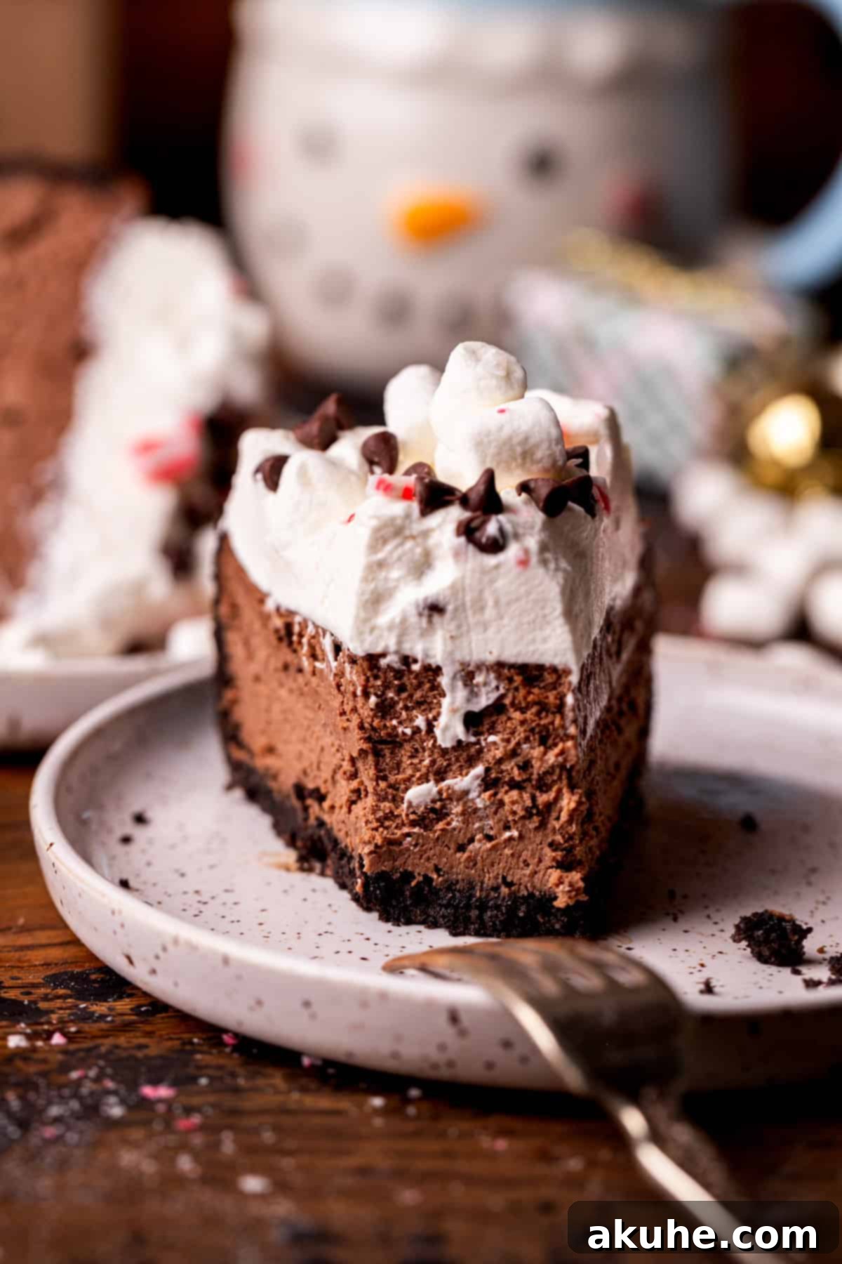 Decadent Hot Chocolate Cheesecake 9 A slice of hot chocolate cheesecake with a bite taken out, showing its creamy interior and delicious crust.