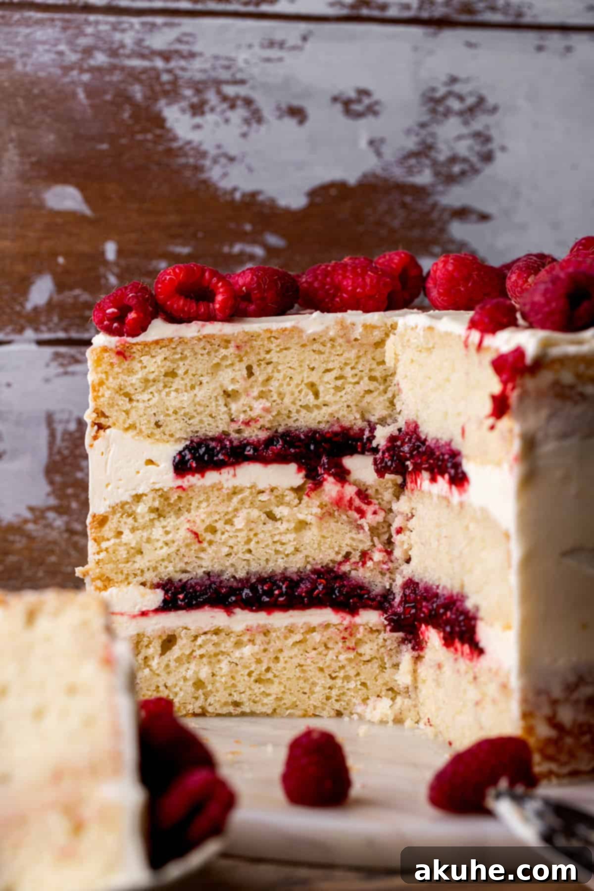 White chocolate raspberry cake close up, showcasing its beautiful layers.