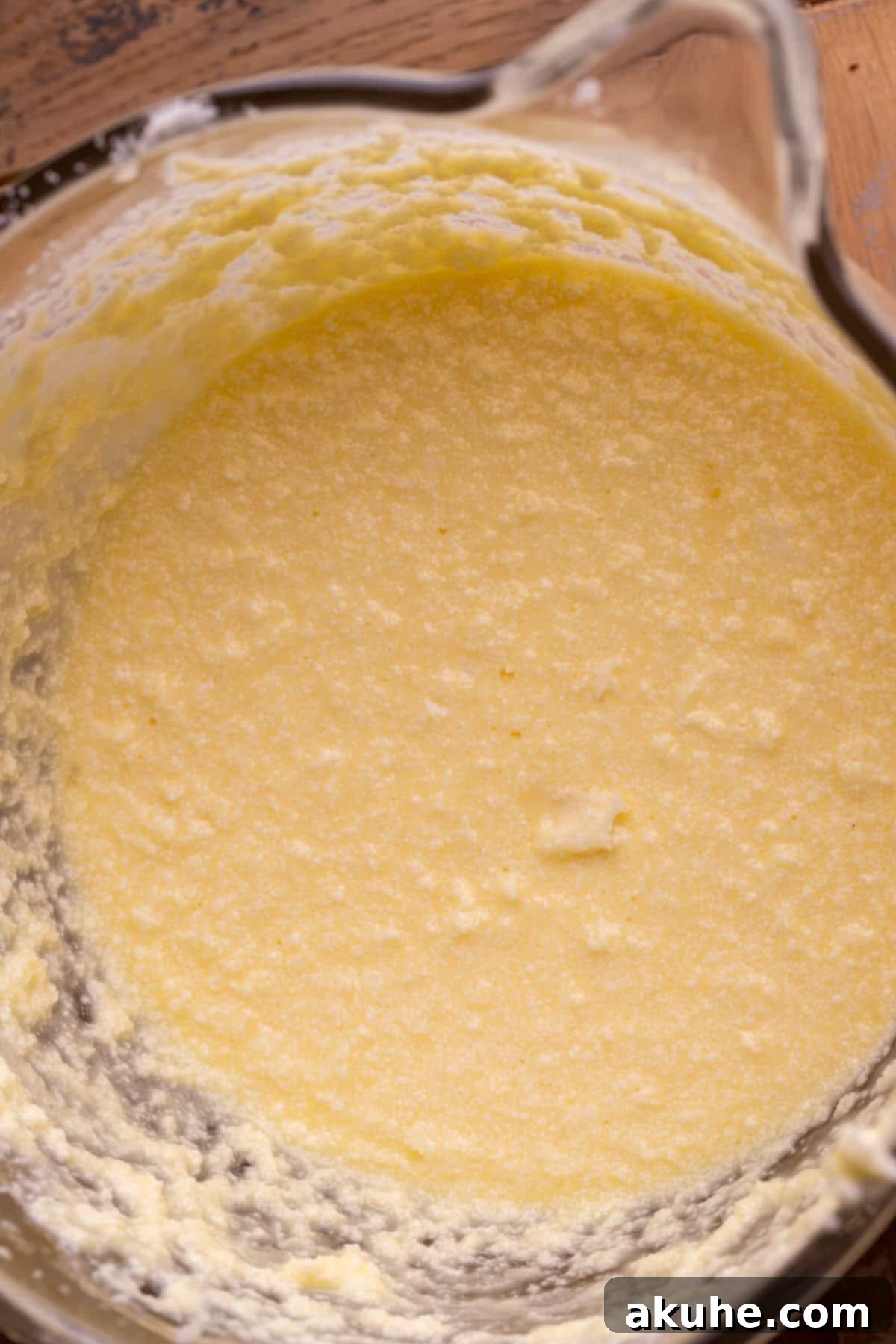 Wet ingredients for vanilla cake batter in a glass bowl.