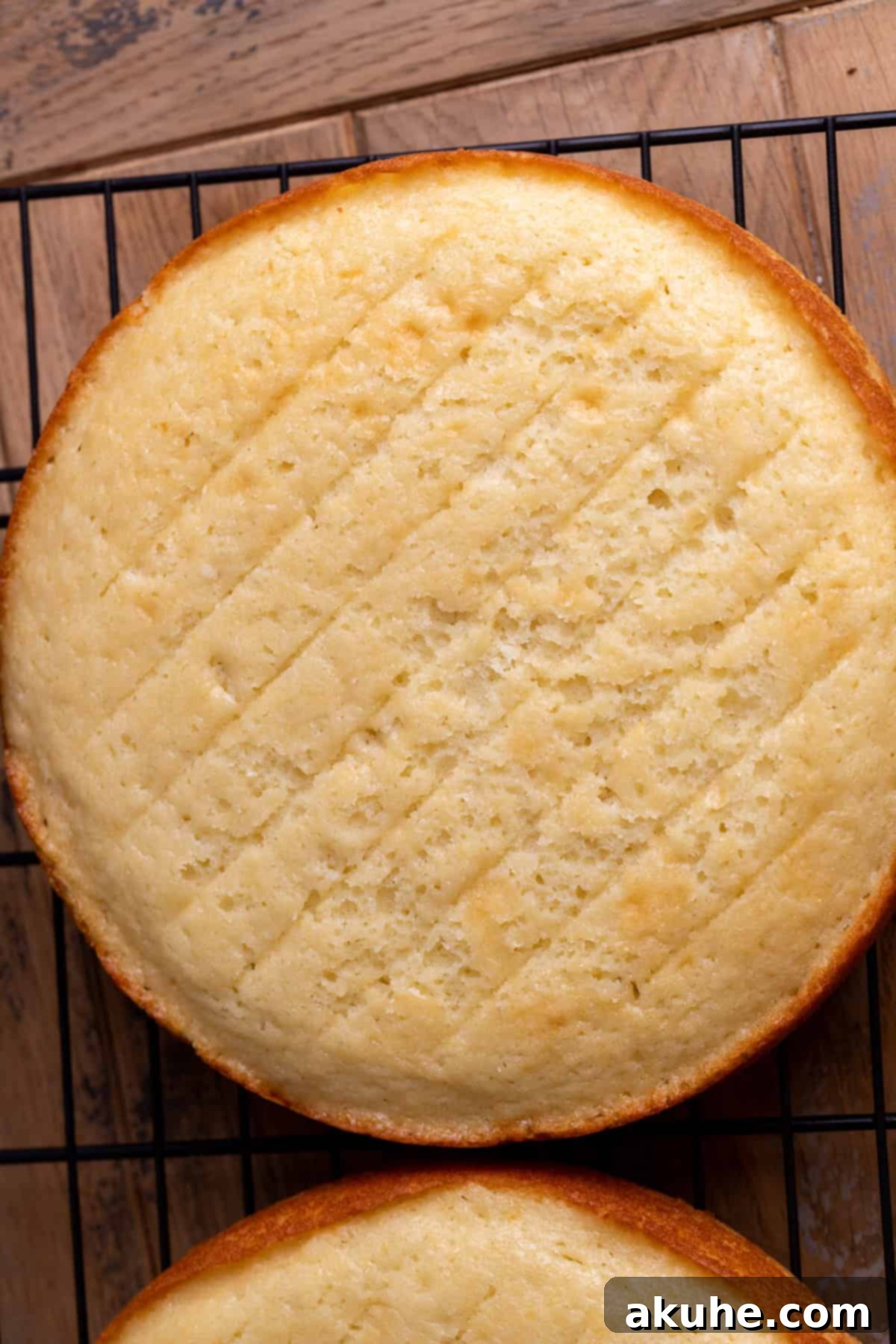 Freshly baked cake layers resting on a wire rack to cool.