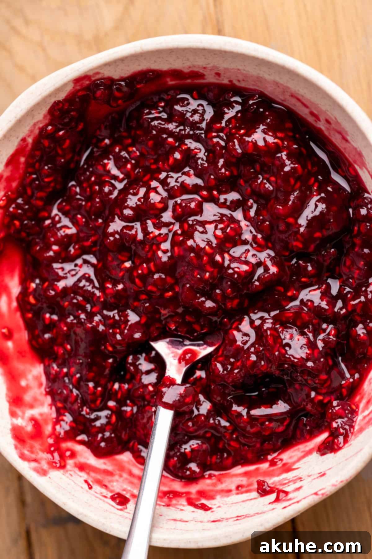 Freshly made raspberry jam in a glass bowl, vibrant and glossy.