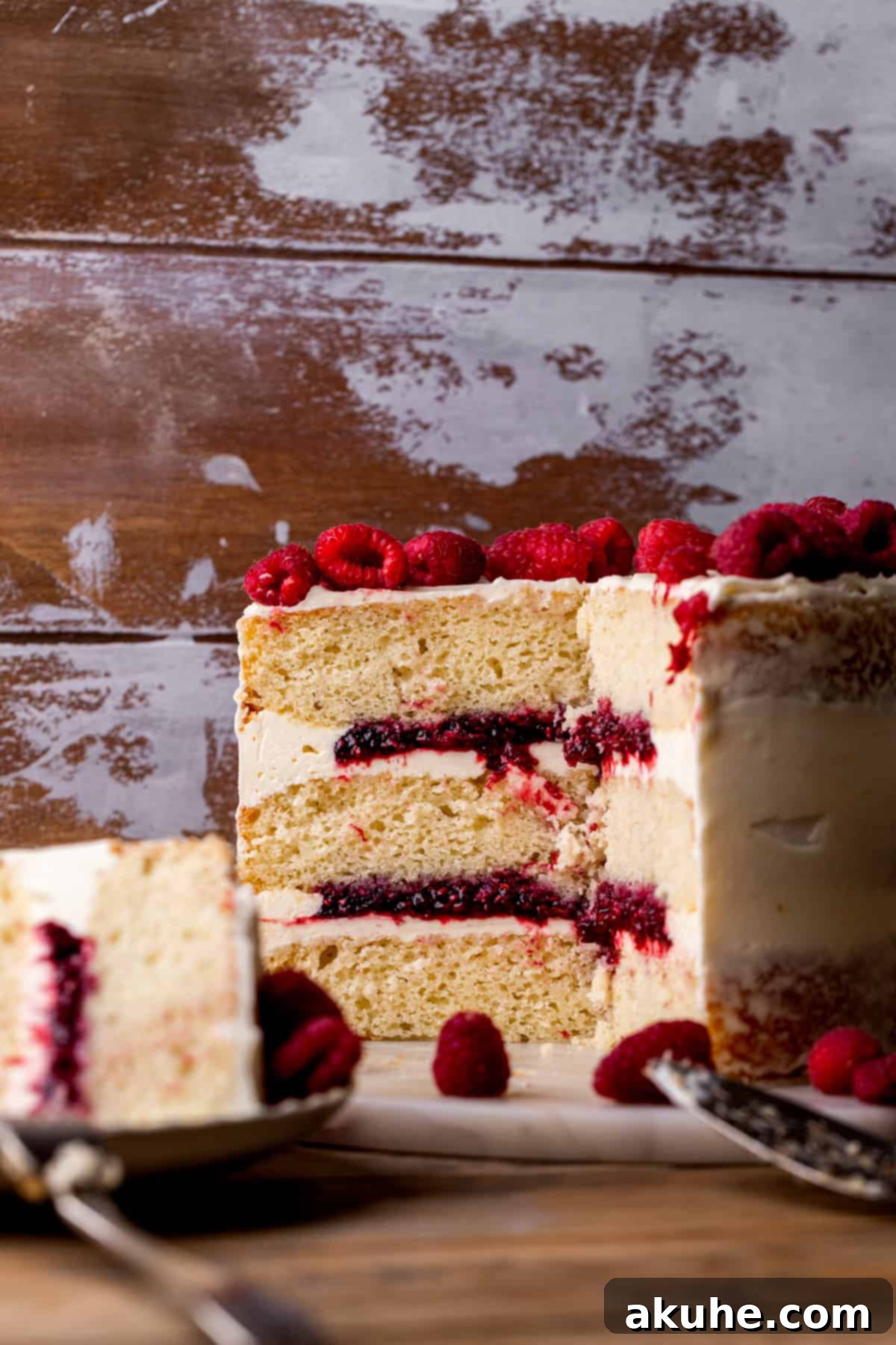 A white chocolate raspberry cake slice, revealing its pristine layers and fillings.