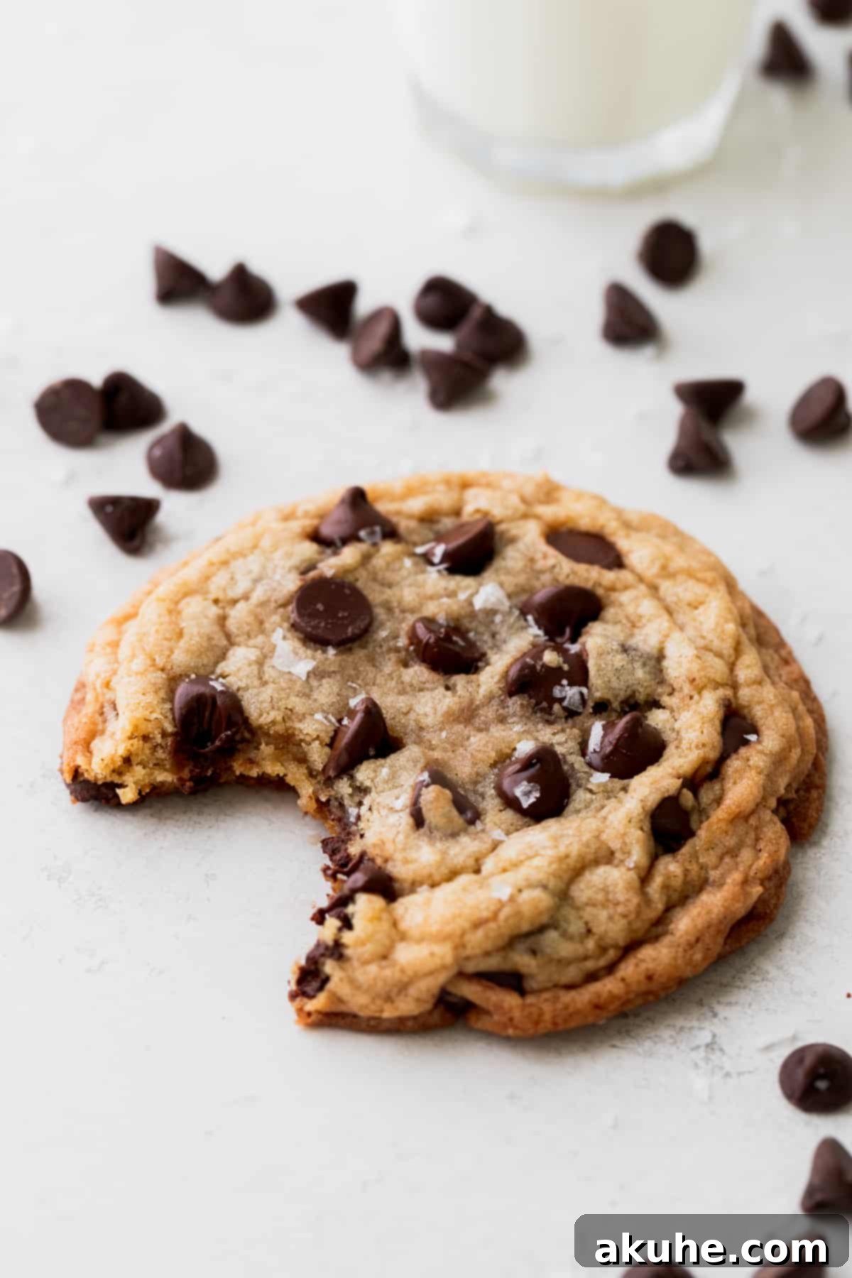 Ultimate Chocolate Chip Cookies 3 A single perfect chocolate chip cookie with a bite taken out, revealing its soft, gooey center.