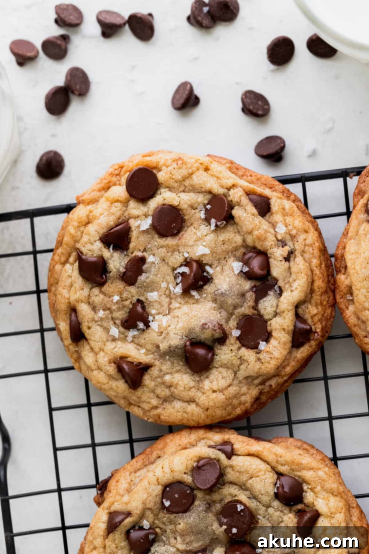 Ultimate Chocolate Chip Cookies 8 A single, perfectly golden-brown chocolate chip cookie resting on a cooling rack.