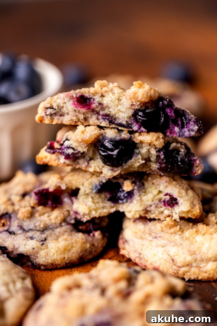 Blueberry Muffin Dream Cookies 2 A stack of three golden-brown blueberry muffin cookies with visible streusel topping and blueberries.
