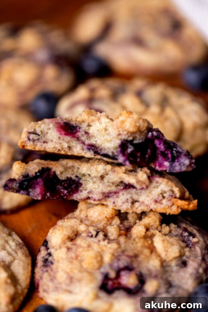 Blueberry Muffin Dream Cookies 8 A blueberry muffin cookie split in half, revealing the moist, cakey texture, blueberries, and jam streaks.