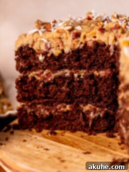 Decadent Chocolate Coconut Pecan Cake 12 Side view of german chocolate cake.