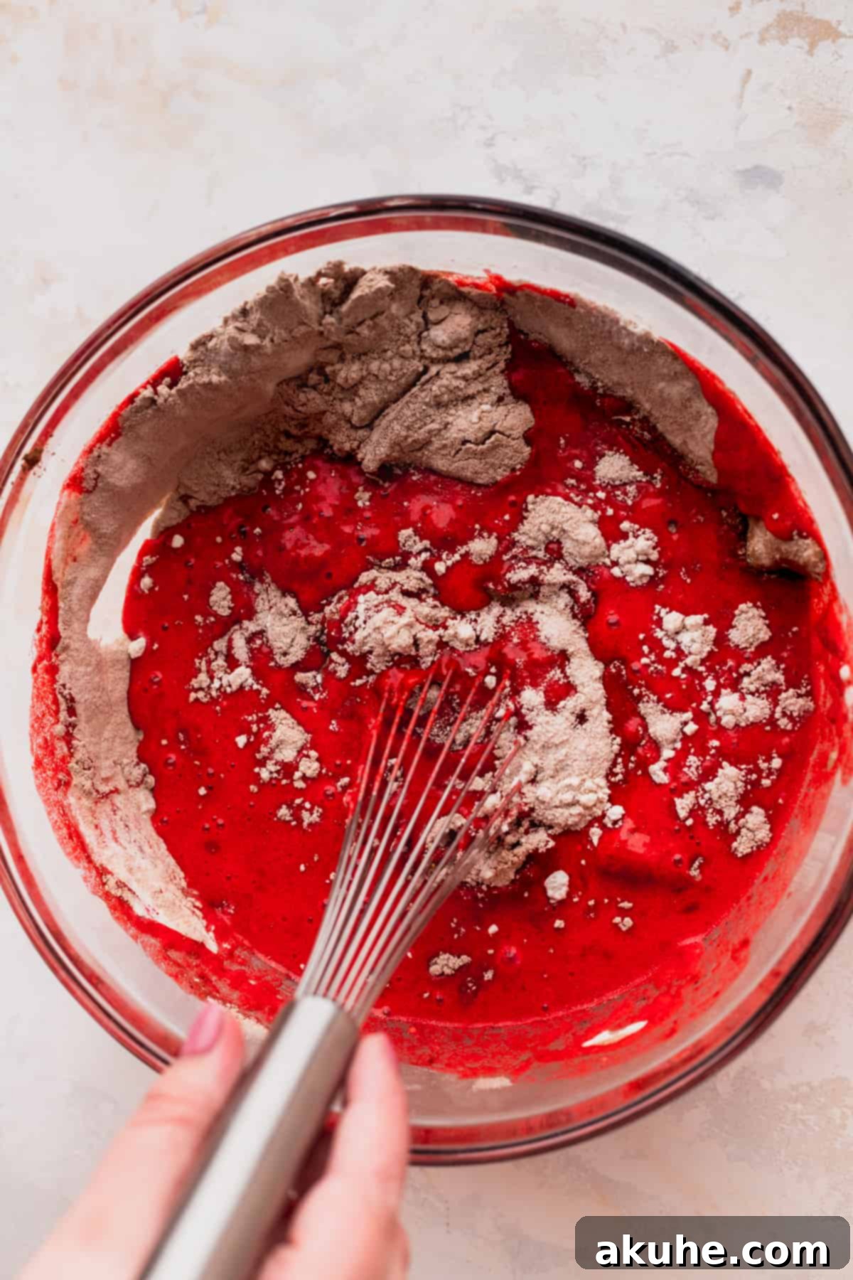 Crimson Crown Bundt Cake 4 Wet ingredients for red velvet cake being mixed in a clear glass bowl, showing a vibrant red liquid.