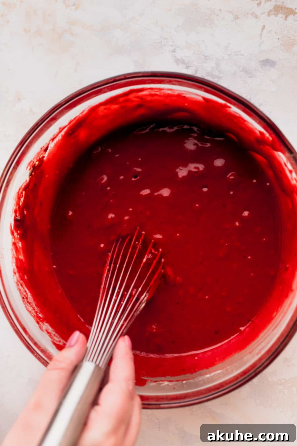 Crimson Crown Bundt Cake 5 Close-up of vibrant red cake batter in a glass mixing bowl, ready for baking.