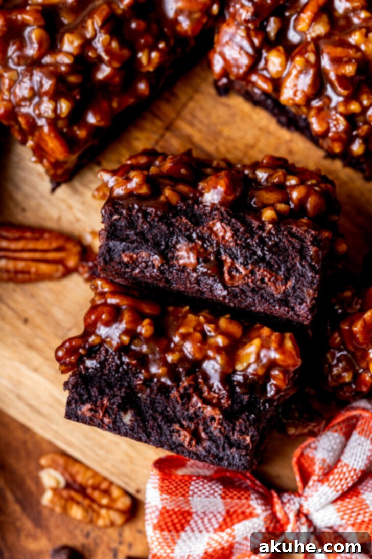 Decadent Pecan Pie Brownies 3 Top view of two brownies on their side.