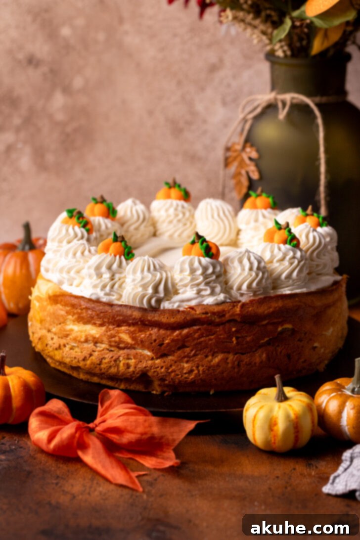 Autumn Pumpkin Cheesecake Cake 9 Decorated pumpkin cheesecake cake on a wooden board, topped with piped whipped cream cheese.