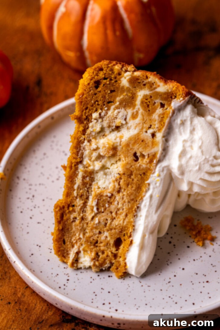 Autumn Pumpkin Cheesecake Cake 10 A slice of pumpkin cheesecake cake resting on its side on a plate, highlighting the swirl.