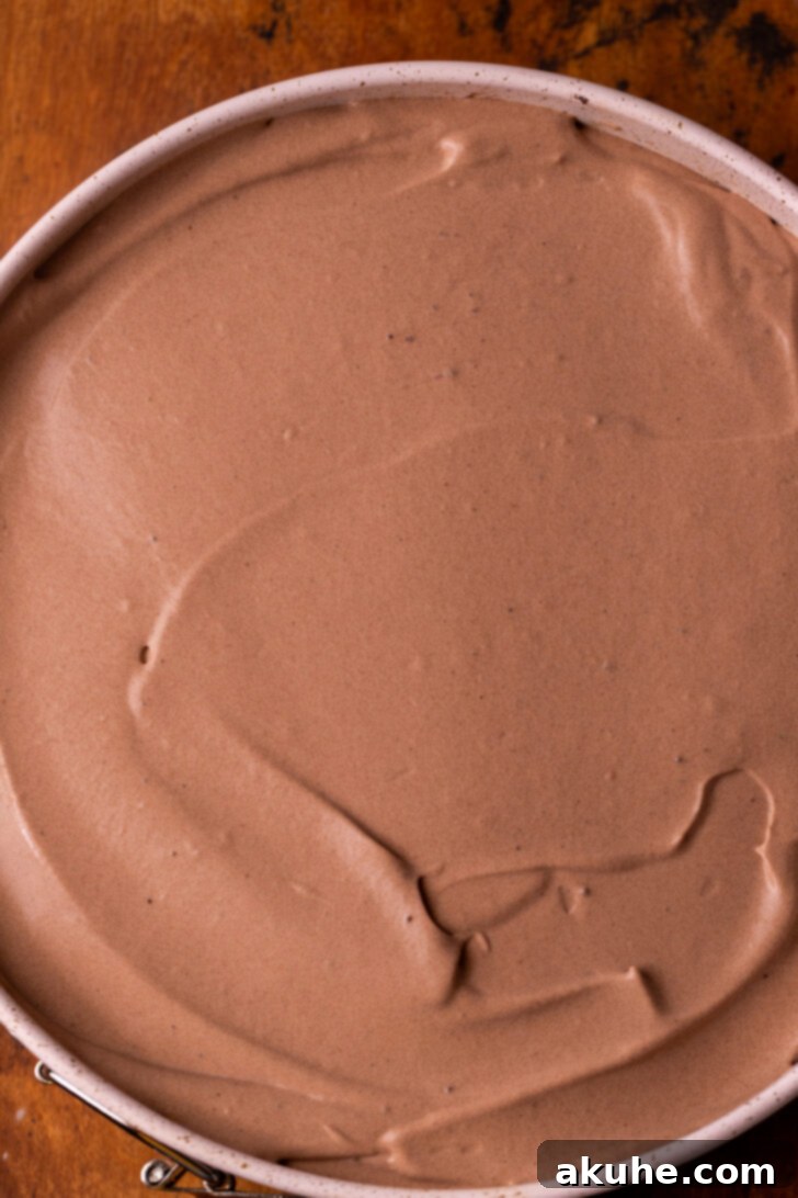 Deep South Chocolate Decadence 7 The chocolate pudding layer evenly spread over the brownie base in the pie pan.