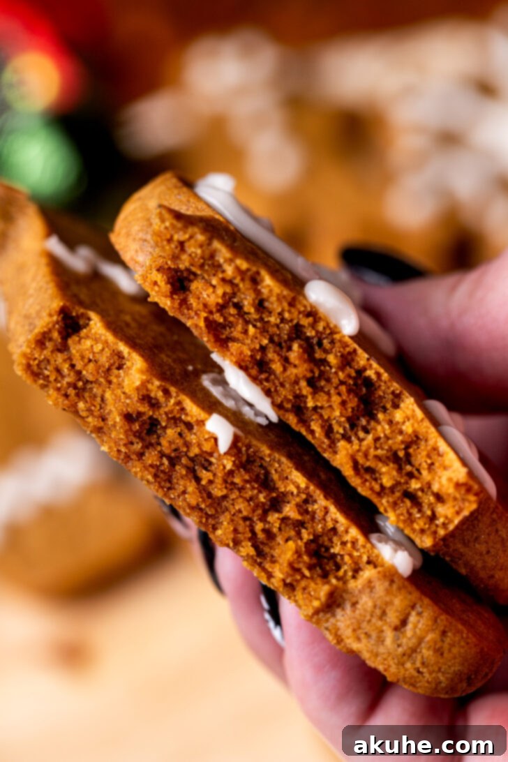 Irresistibly Soft Gingerbread 9 A hand holding one soft gingerbread cookie, split in half to show the texture.