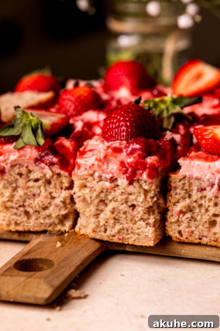 Perfect Fresh Strawberry Cake 2 A beautifully frosted strawberry cake, showcasing its tender texture and vibrant pink color from the side view.