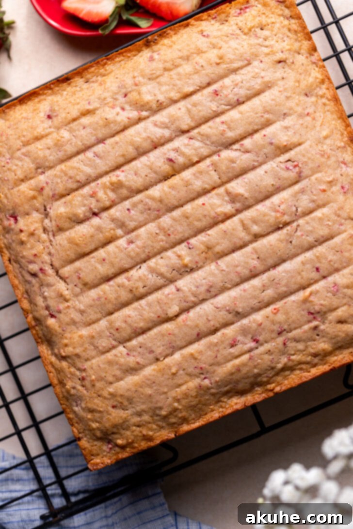 Perfect Fresh Strawberry Cake 6 A freshly baked strawberry cake cooling on a wire rack, indicating it's ready for frosting.