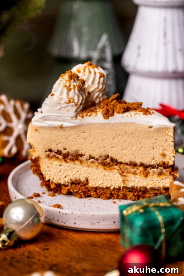 A single slice of no-bake gingerbread cheesecake on a decorative plate, highlighting the creamy filling and gingersnap crust.