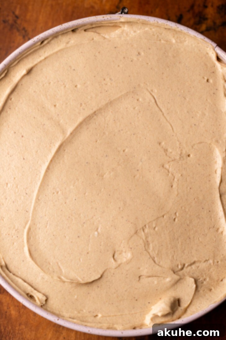 The full cheesecake batter settled in a springform pan, ready for chilling.