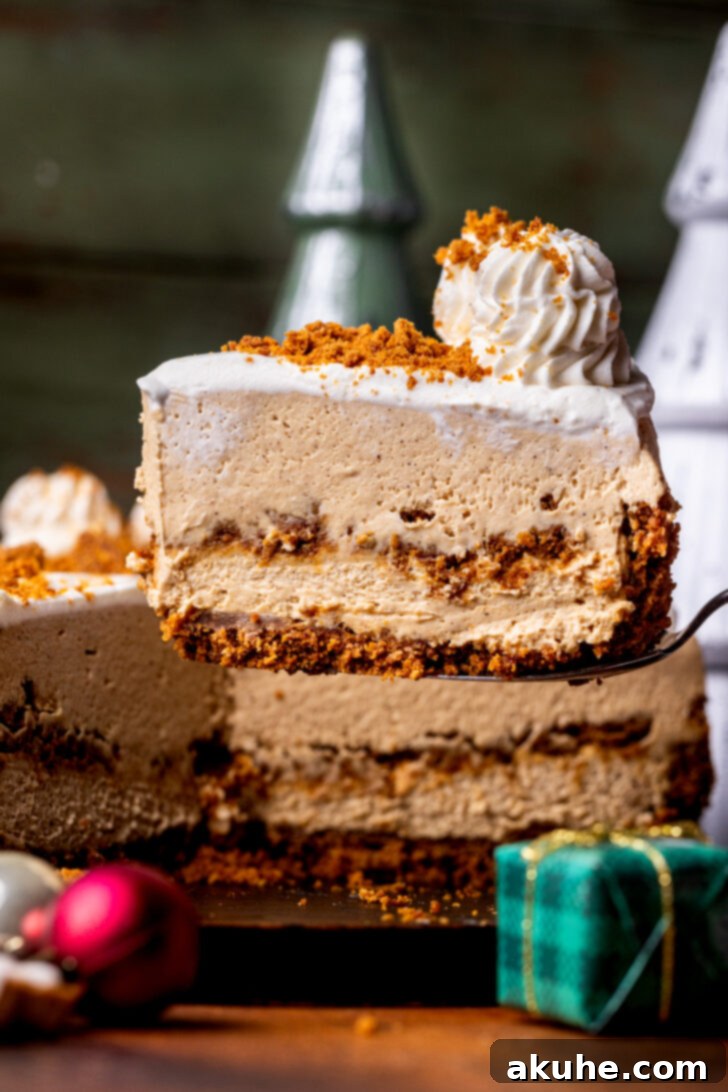 A hand gently taking the first slice out of the festive no-bake gingerbread cheesecake.