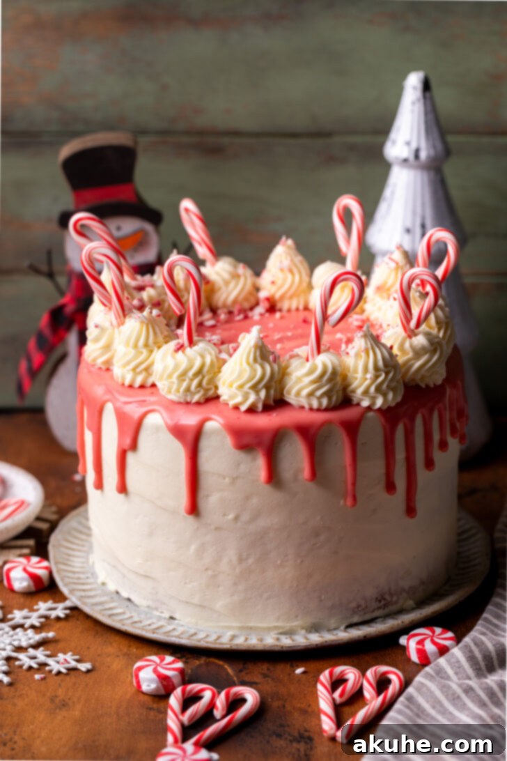 The fully decorated white chocolate peppermint cake, adorned with a drip, frosting swirls, and candy canes.