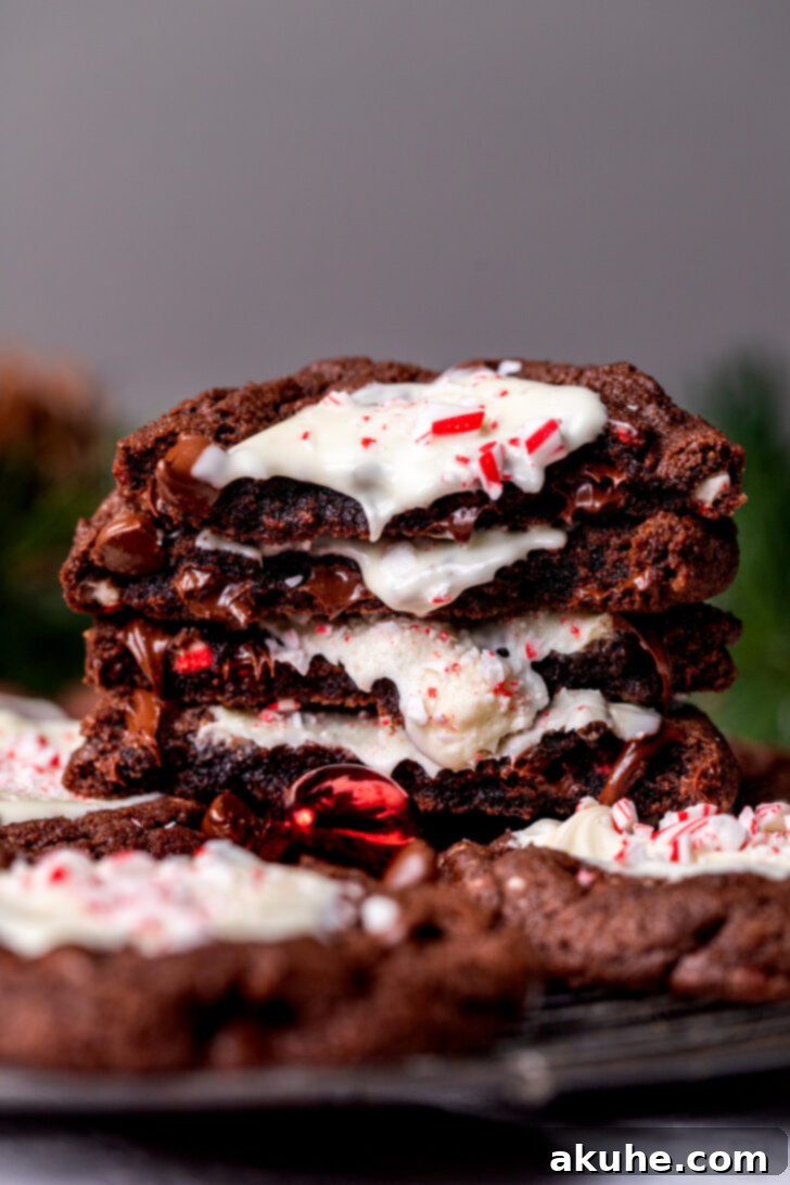 Peppermint Chocolate Swirl Cookies 3 Stack of two peppermint bark cookies split in half, revealing the delicious layers.