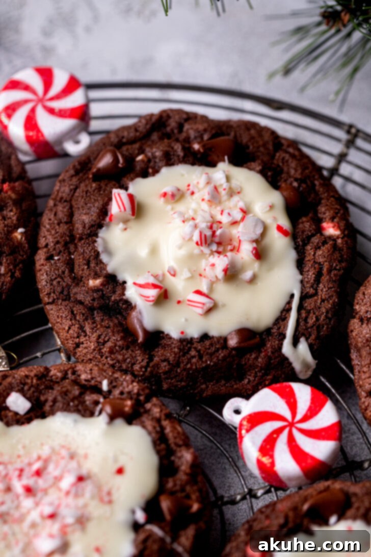Peppermint Chocolate Swirl Cookies 7 Close up of a peppermint bark cookie on a wire rack.