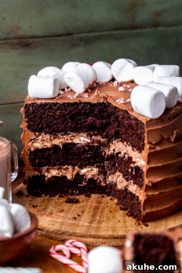 Delicious Hot Cocoa Cake with a slice cut out, revealing its moist interior.