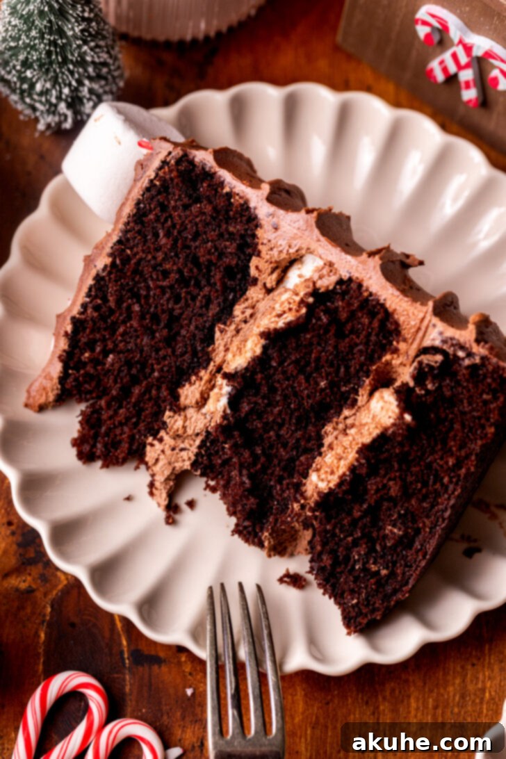 A single slice of Hot Cocoa Cake on a plate, showcasing its layers of chocolate, marshmallow, and frosting.