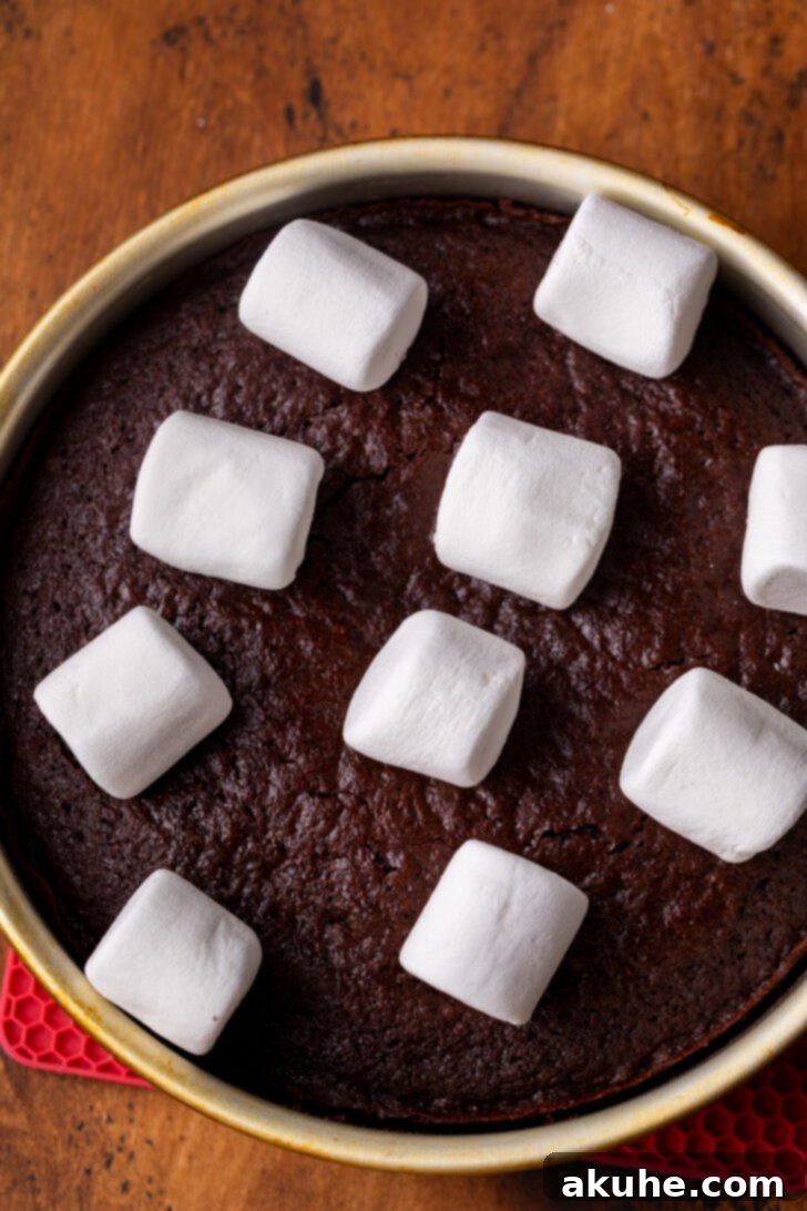 Marshmallows arranged on top of a cake layer before baking.