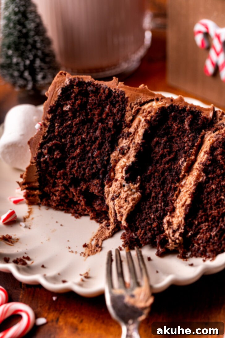 A bite missing from a slice of Hot Cocoa Cake, highlighting its irresistible texture.