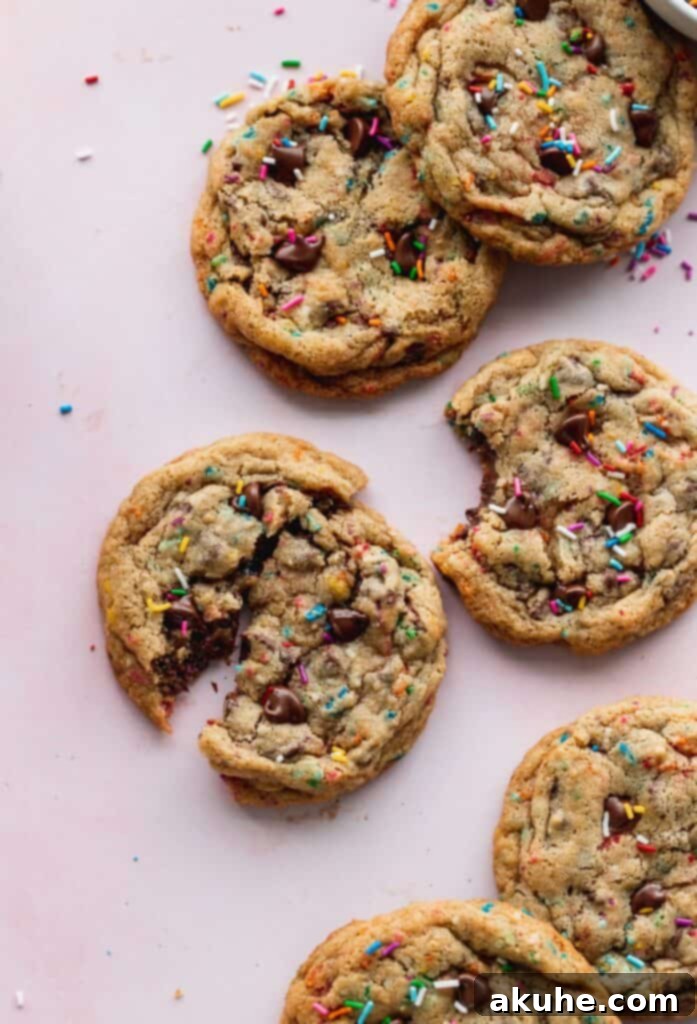 Close up of sprinkle chocolate chip cookies, showcasing their chewy texture, chocolate chips, and vibrant rainbow sprinkles.
