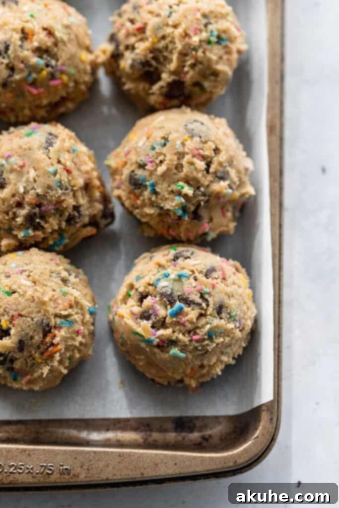 Cookie dough balls on a cookie sheet, ready for baking.