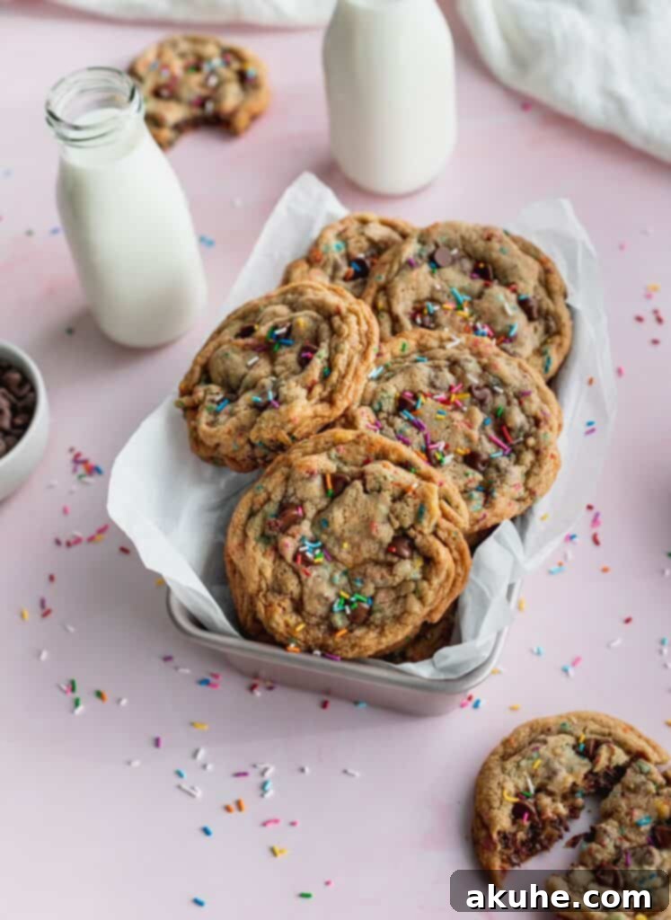 Sprinkle chocolate chip cookies in a tin, showing multiple baked cookies.