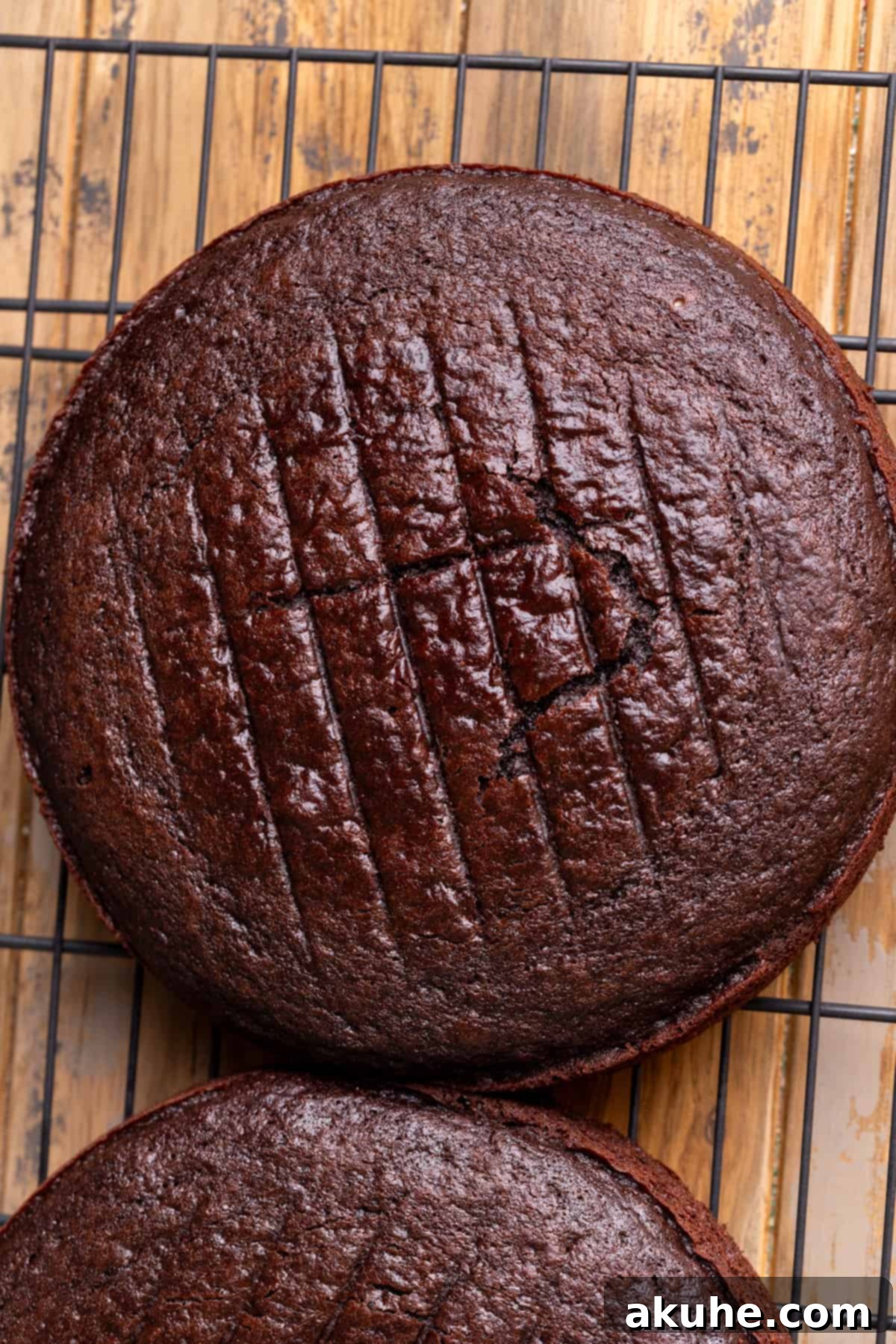 Freshly baked chocolate cake layers cooling on a wire rack.