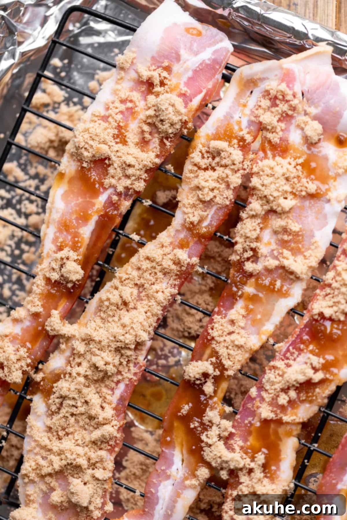 Maple Bacon Bliss Cupcakes 8 Raw, thick-cut bacon slices arranged on a wire rack over a foil-lined cookie sheet, ready for candying.