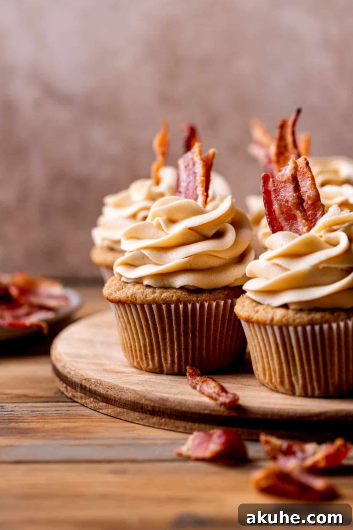 Maple Bacon Bliss Cupcakes 10 Several frosted maple bacon cupcakes, adorned with candied bacon bits, arranged attractively on a wooden serving board.