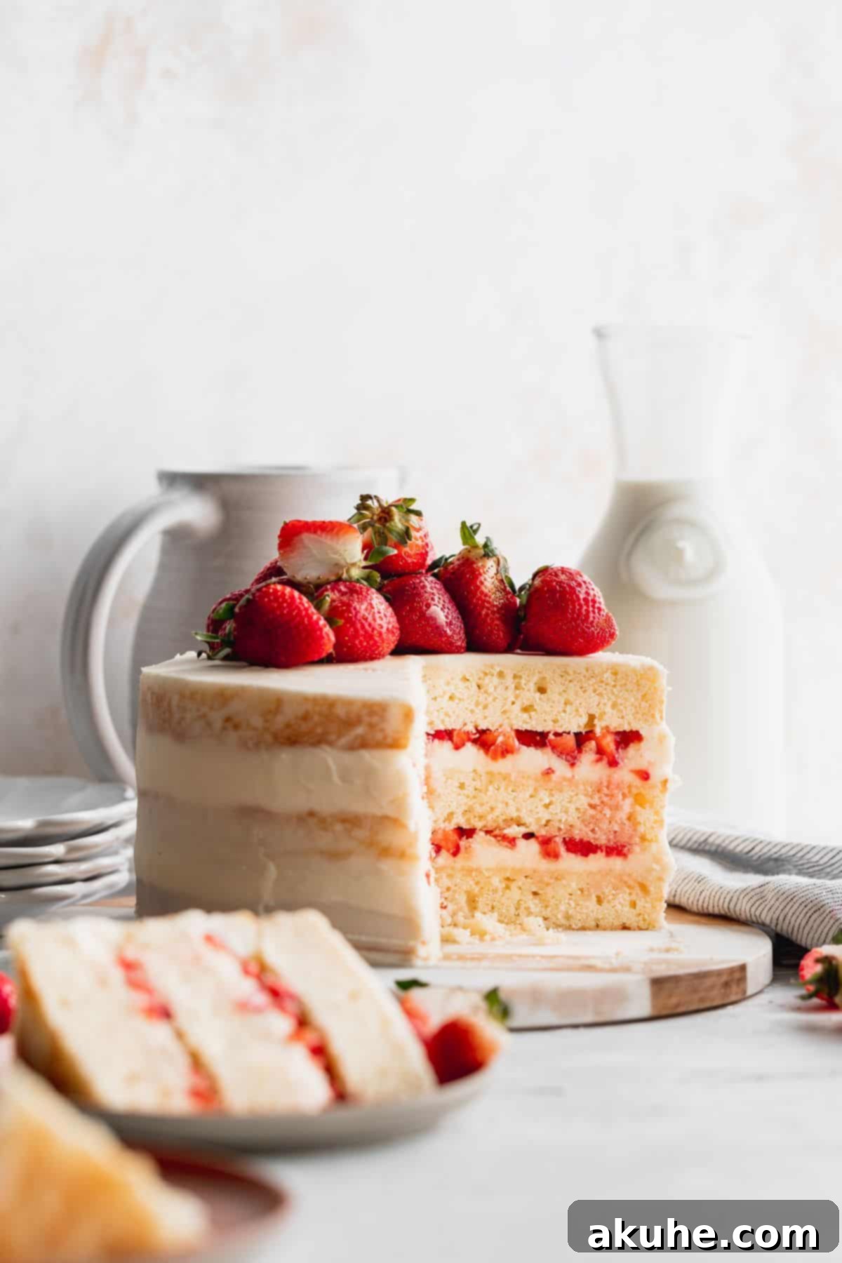 Elegantly Undressed Strawberry Cake 2 Cake slices missing on strawberry semi-naked cake.