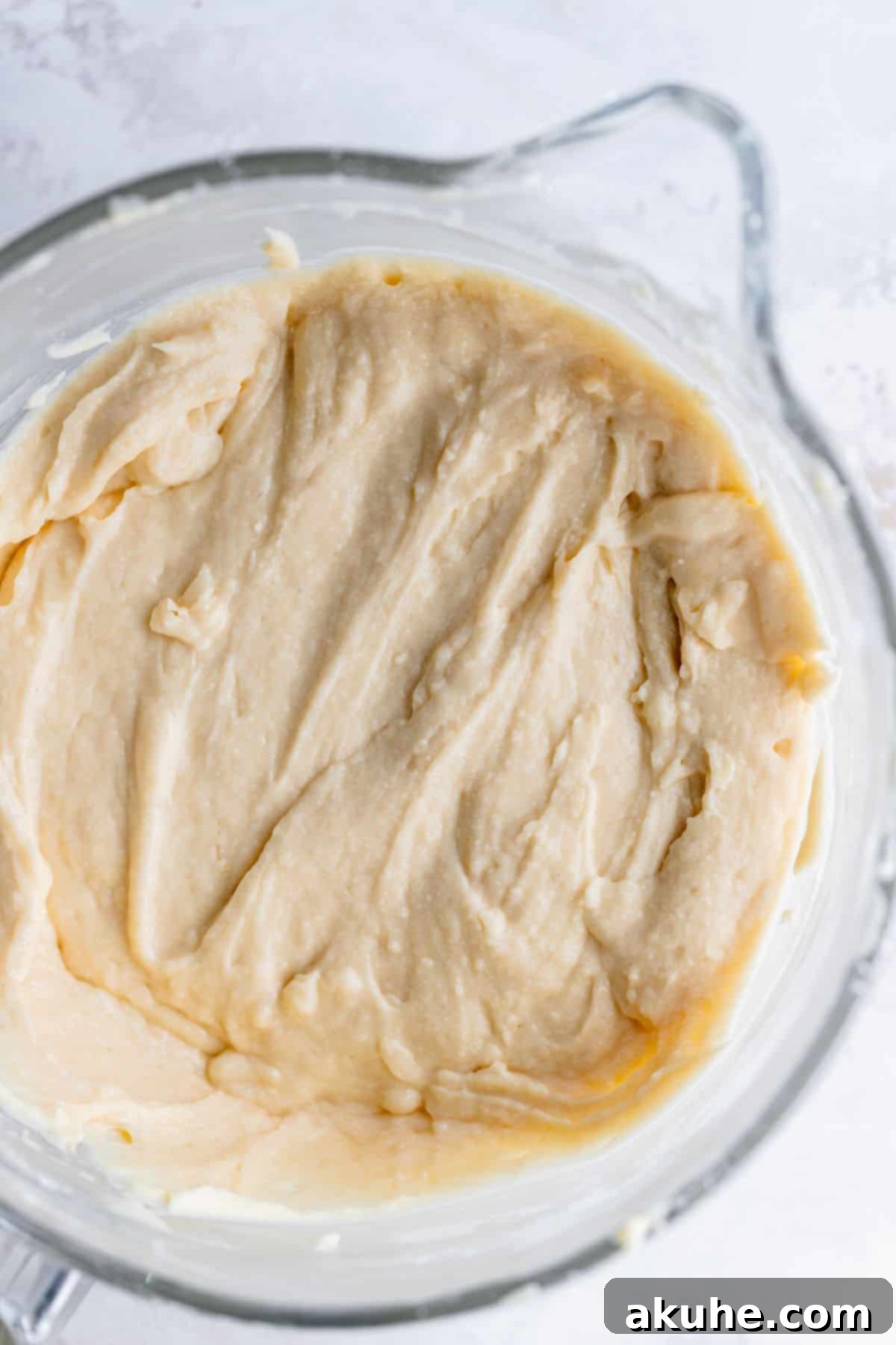 Elegantly Undressed Strawberry Cake 4 Cake batter in glass bowl.