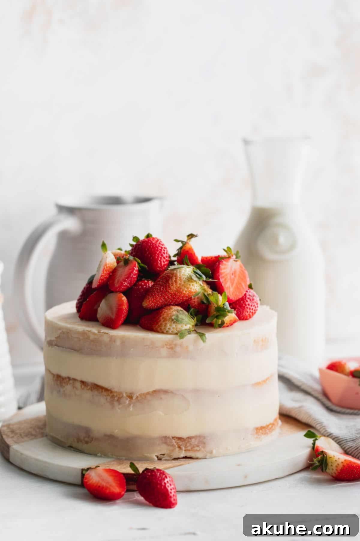Elegantly Undressed Strawberry Cake 7 Strawberry semi-naked cake on a marble stand.